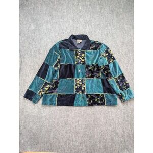 Velvet Patchwork Floral Button Up Jacket Teal 3X Cottage Quilted Art to Wear VTG